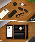 Acacia Wood Leather Valet Tray With Charging Port Multi Space Desk Organizer showcasing before and after organization on a table.