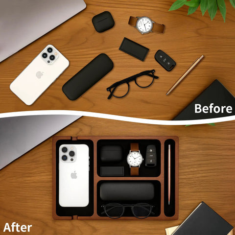 Acacia Wood Leather Valet Tray With Charging Port Multi Space Desk Organizer showcasing before and after organization on a table.