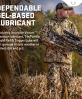 Man in camo holding crossbow using Crossbow Flight Rail And Trigger Lube For Cocking Cords Strings Cables Barrels And Trigger Mechanisms Petroleum Based Lubricant That Stays Gunk Free In Cold Weather For Smooth Operation And Tight Accuracy