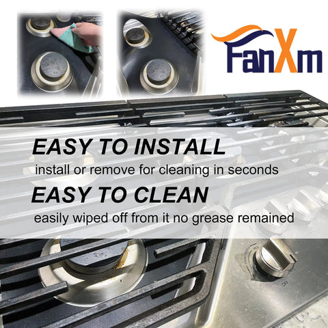 Close-up of 36 Inch Gas Range Protectors for GE Ranges showing nonstick burner liners, easy to clean, with FanXm logo.