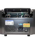 Back view of V1800 Money Counter with power connections and warning label, dual TFT display not visible
