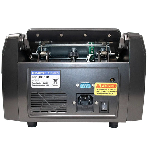 Back view of V1800 Money Counter with power connections and warning label, dual TFT display not visible