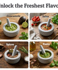 Heavy Duty Granite Mortar And Pestle Set Hand Carved From Natural Stone Two Cup Grinder Bowl For Fresh Guacamole Salsa Pesto Herbs And Spices Six Point Three Inches Wide Grey Great For Grinding Spices Seeds And Seasonings On The Countertop shows dishes made with guacamole, salsa, spices, and pesto using the set.