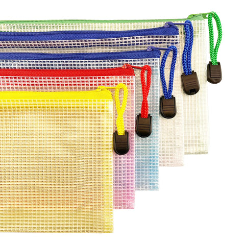 Slick Clear Plastic Zipper Document Bags Pack of Fifteen in Five Bright Shades with No Sweat Closure and Handy Wrist Loop.