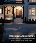 Nighttime home front with lights on, showcasing safety use of 24 Hour Digital Plug Timer With One Polarized Outlet No Fuss Two Programmable On Off Cycles For Lamps And Indoor Lighting 125VAC Indoor Timer White 1 Pack Model 45184.