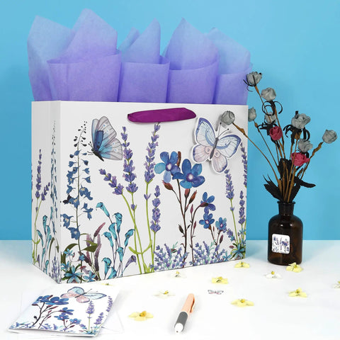 13 Inch Large Purple Gift Bag Set With Lavender Theme 3D Butterfly Accents Greeting Card And Tissue Paper Perfect For Birthday Mothers Day Weddings Valentines Day Or Any Special Occasion