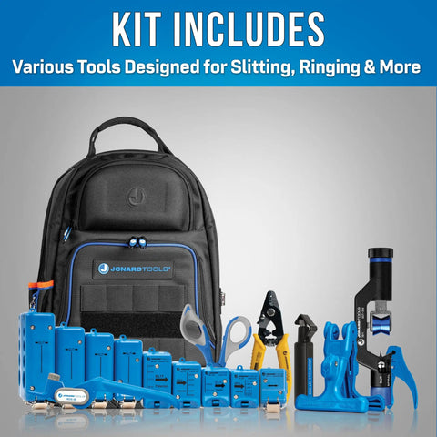 TK-107B Backpack Fiber Optic Mid Span Slit And Ring Tool Kit with blue tools, Kevlar shears, and ratcheting slitter