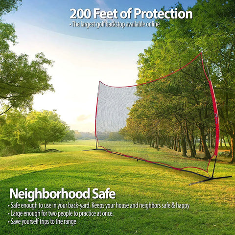 20x10 Ft Sports Net Backstop With 200 Sq Ft Coverage Multi Sport Barrier Netting for golf, set up in a scenic backyard.