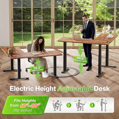L Shaped Standing Desk With Power Outlets, A Large 63 By 55 Inch Corner Computer Desk For Home Office, shown height adjusted