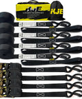 Four Pack Heavy Duty Black Ratchet Straps One Inch By Fifteen Feet with steel safety hooks, loops, and storage bag.