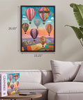 Framed 1000 Piece Jigsaw Puzzle For Adults Hot Air Balloon Scene displayed above couch, box nearby, size 26.65x19.25 inches.