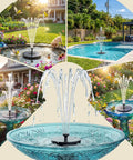 Solar Powered Bird Bath Fountain Kit No Fuss Setup, 2 Pack 2.5W Water Fountain installed in garden and pool areas.