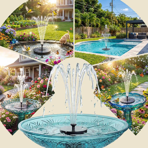 Solar Powered Bird Bath Fountain Kit No Fuss Setup, 2 Pack 2.5W Water Fountain installed in garden and pool areas.