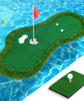 Poolside Floating Golf Green For Pool And Lake Play With Ball Retriever And Anti Drift Ropes Includes Chipping Mat Set displayed on water.