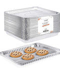 25 Pack 1/4 Size Cookie Sheet Baking Pans 12.8 By 8.9 Inch Heavy Duty Nonstick Aluminum Foil Trays with cookies, stackable and disposable