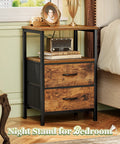 Two Drawer Nightstand Set With Open Shelf And Wooden Top Rustic Brown Bedside Table in bedroom setting with decorative items