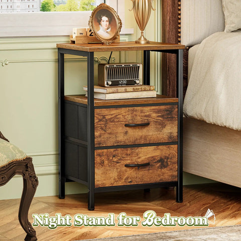 Two Drawer Nightstand Set With Open Shelf And Wooden Top Rustic Brown Bedside Table in bedroom setting with decorative items