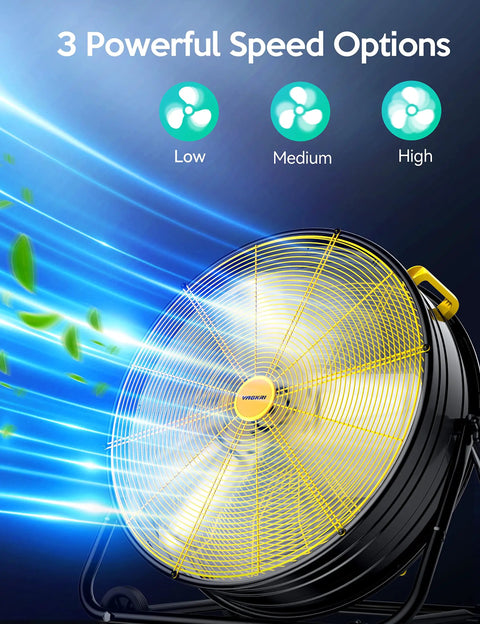 24 Inch Industrial Drum Fan With 320W High Velocity Power showing 3 speed options, yellow steel drum, and airflow graphics
