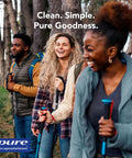 Three people hiking with backpacks and hiking poles, enjoying nature; the text 'Clean. Simple. Pure Goodness.' on image.