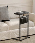 C Shaped End Table For Small Spaces With Storage Bag, Space Saving Couch Side Table For Sofa, Narrow TV Tray, Black LET501B