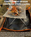 Beefy Built Dual Sided Fireproof Mat For Under Fire Pit 32 By 32 Inch showing corner snap design with ash and sparks on ground.