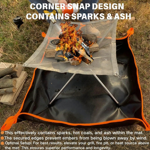 Beefy Built Dual Sided Fireproof Mat For Under Fire Pit 32 By 32 Inch showing corner snap design with ash and sparks on ground.