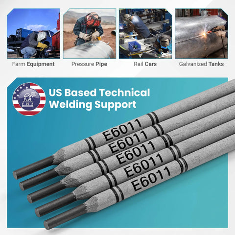 E6011 Welding Rod 3/32 Inch, 5 lb Pack, showing electrodes for SMAW, deep penetration on rusty, painted, oily metal.