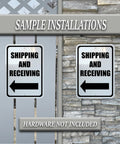 Left Arrow Directional Shipping And Receiving Sign Outdoor Durable Black On White With Mounting Holes Rust Resistant Rounded Corners 10 By 14 Inches Heavy Duty on fence and stone wall
