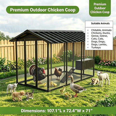Beefy Large Walk-In Metal Chicken Coop And Outdoor Pet Enclosure Built To Last Heavy-Duty Galvanized Steel Cage 107x72x71 Inches
