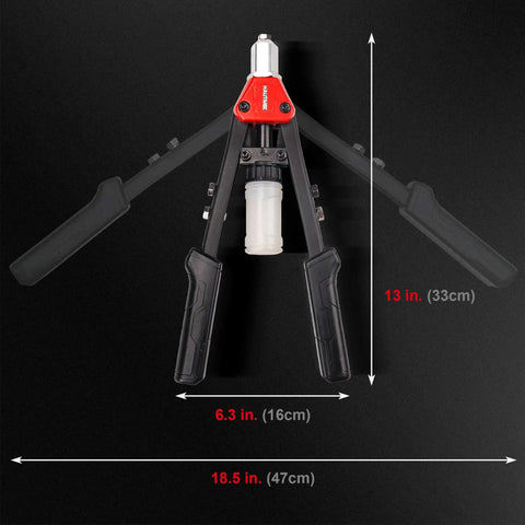 Knuckle-Saving 13 Inch Pop Rivet Gun With 150 Pcs Fasteners And Sturdy Nib Collector shown from above with dimensions marked.