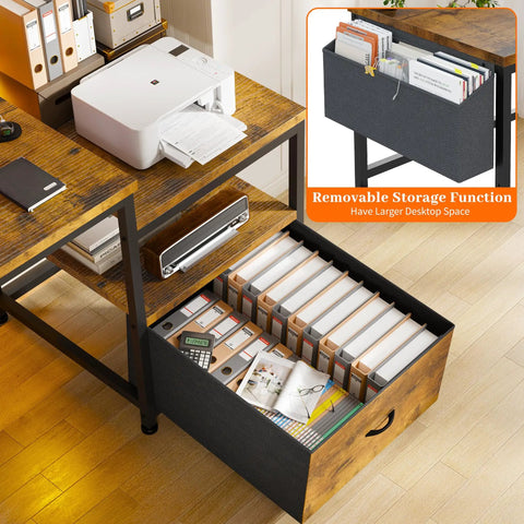 56.5 Inch Rustic Brown Office Desk With Drawers Printer Space And Filing Cabinet Shelves And Two Monitor Stand Perfect For Home Office Study And Gaming Setups showing the open drawer and removable storage function.