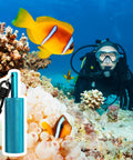 Diver underwater with fish and coral holding blue Underwater Signal Rattle Stick For Scuba Diving With Clip, aluminum alloy.