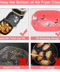 2 Pack 8 Inch Square Air Fryer Silicone Pots with oil drainage design, shows basket with food and cleaning comparison for air fryers