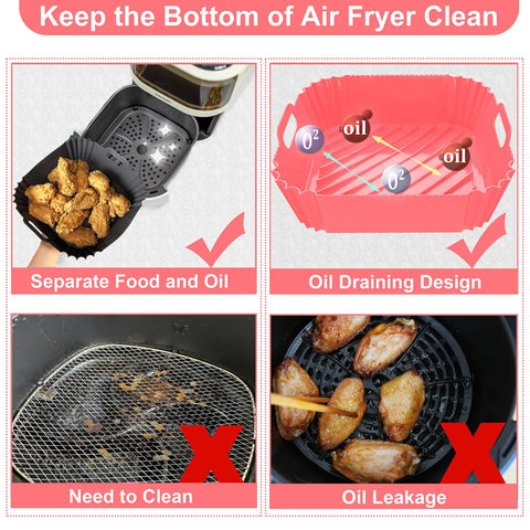 2 Pack 8 Inch Square Air Fryer Silicone Pots with oil drainage design, shows basket with food and cleaning comparison for air fryers