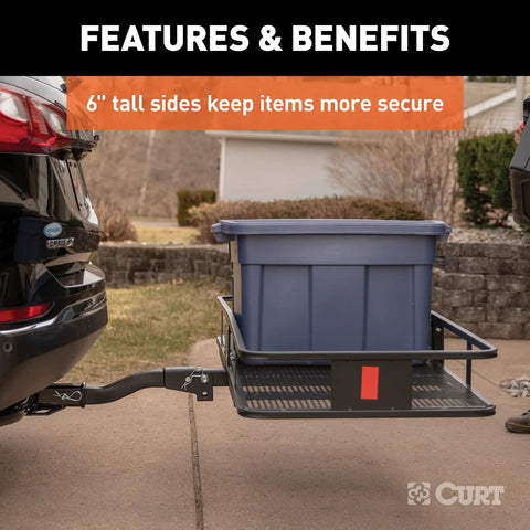 Heavy Duty Cargo Basket Carrier For 2 Inch Receiver Fits Truck And SUV Hitch 60 X 23.5 X 5.5 Inches 500 Lb Capacity With 6 Inch Tall Sides Foldable Shank And Angled Mount For Extra Ground Clearance with 6-inch tall sides