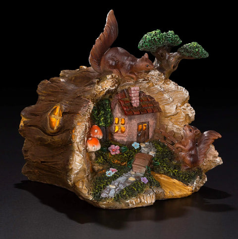 Tree Trunk Fairy House Solar Light For Outdoor Decor And Garden, Cute Flickering LED Backyard Ornament with squirrel design