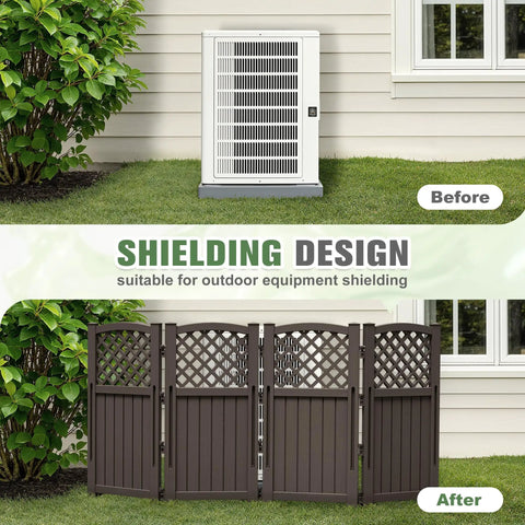 Outdoor Privacy Screen For Trash Cans And AC Units, 4 Panel Enclosure In Brown shown concealing an outdoor AC unit before and after