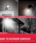 Two Pack Wireless Battery Operated LED Flood Lights With Motion Sensor mounted on outdoor surfaces showcasing dual head design