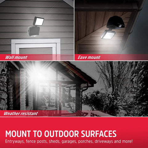 Two Pack Wireless Battery Operated LED Flood Lights With Motion Sensor mounted on outdoor surfaces showcasing dual head design