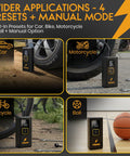 Dual Cylinder Tire Inflator Portable Air Compressor 160 PSI Beastly Fast Inflate with four presets: car, motorcycle, bicycle, ball.