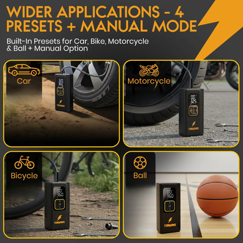 Dual Cylinder Tire Inflator Portable Air Compressor 160 PSI Beastly Fast Inflate with four presets: car, motorcycle, bicycle, ball.