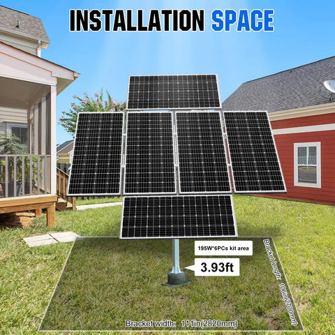 Dual Axis Solar Tracker Kit With Controller Boosts PV Output By 40 Percent Complete Tracking System For Solar Panels 270 Degree Rotation Ideal For Yard Farm Field Installations showing installation area in residential yard.