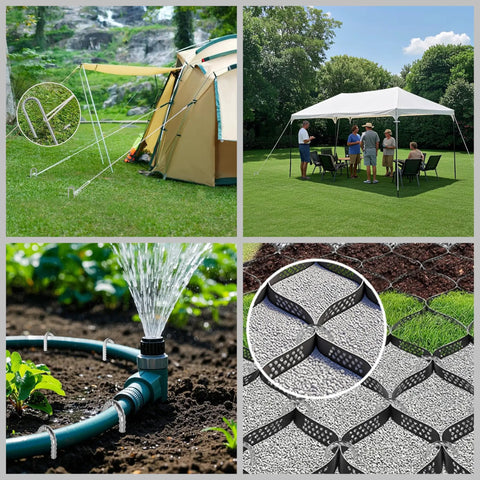 12 Inch Rebar Stakes With J Hook Galvanized Heavy Duty Ground Anchors securing tent and canopy on grass lawn