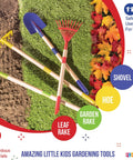 Kids Garden Tool Set 4 Piece Shovel Rake Hoe Leaf Rake Wooden Gardening Tools For Kids on grass and autumn leaves