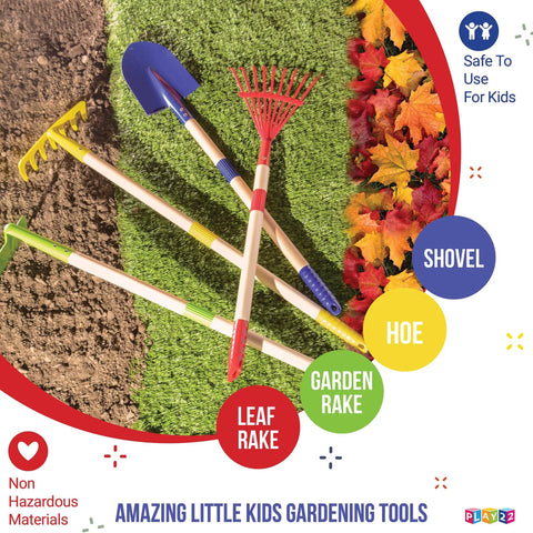 Kids Garden Tool Set 4 Piece Shovel Rake Hoe Leaf Rake Wooden Gardening Tools For Kids on grass and autumn leaves