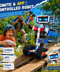 Child playing with Awesome Remote Control Robot Building Kit For Kids Ages 6 To 12 With App Control and Coding Lessons outdoors