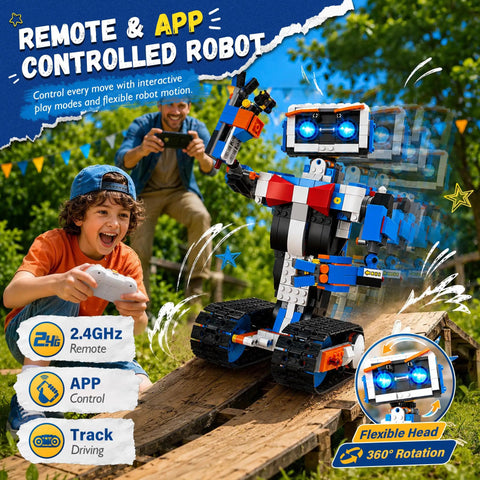 Child playing with Awesome Remote Control Robot Building Kit For Kids Ages 6 To 12 With App Control and Coding Lessons outdoors