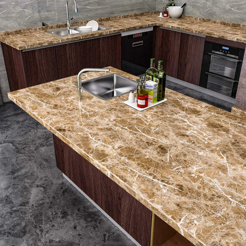 Kitchen with faux marble countertop cover peel and stick wallpaper granite contact paper for kitchen cabinets, brown waterproof