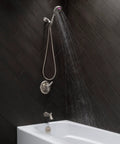 Bathroom setup with Stainless Lahara Pull-Up Diverter Tub Spout Replacement Part RP51303SS 0.5 Inch visible under showerhead.