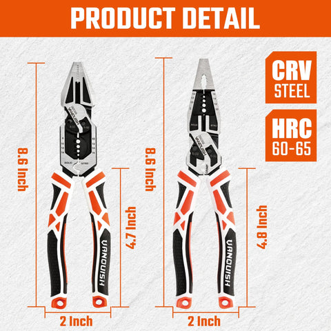 Heavy Duty 2 Piece Pliers Set With Linesman And Long Nose Pliers 8 Inch Multitool For Wire Cutting Stripping Crimping Winding And Deburring Built With CRV Steel For Lasting Tough Performance dimensions and CRV steel label